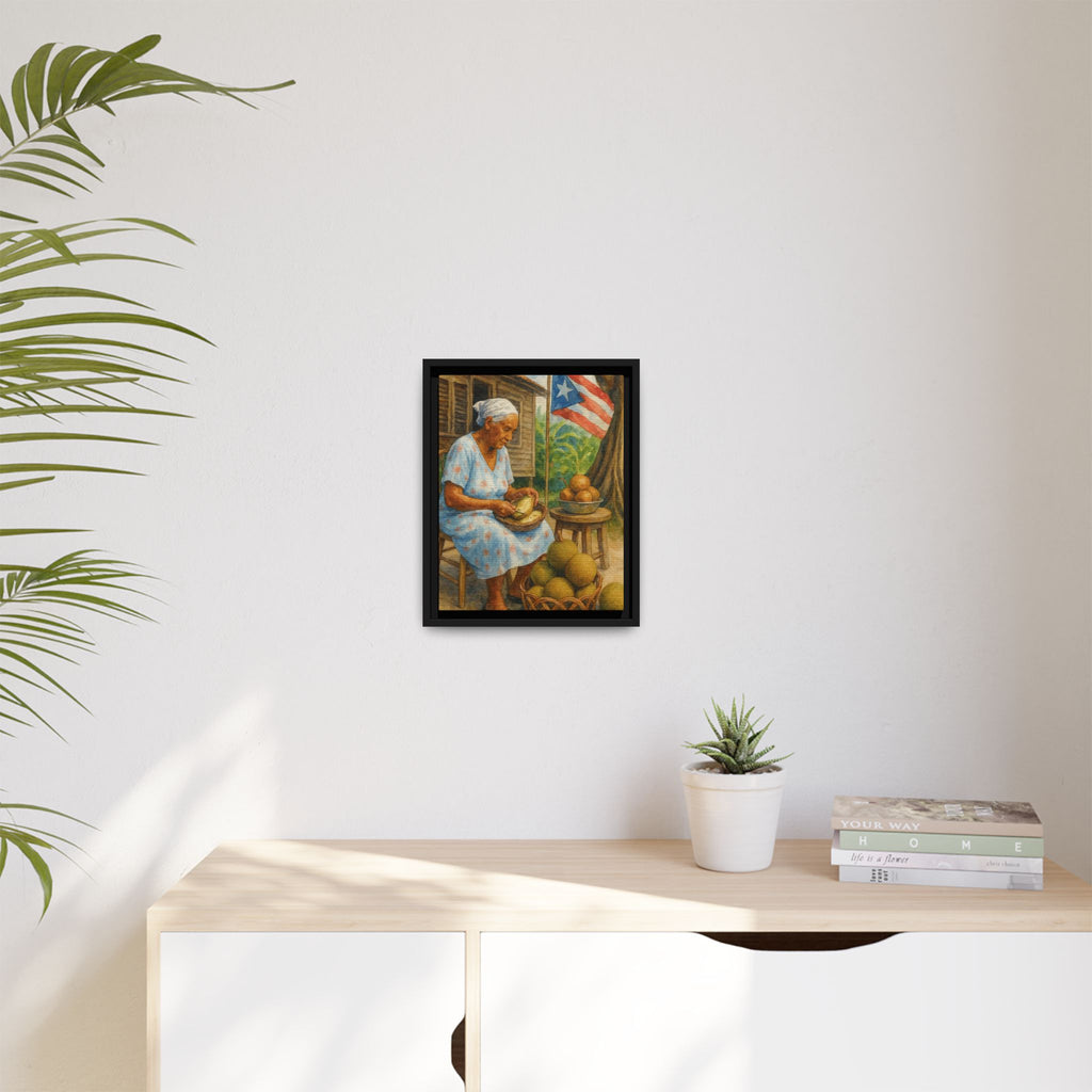 Cultural & Story-Driven These Puerto Rico inspired  Framed Matte Canvas Print  Woman Shelling Fruit Vintage Tropical Painting