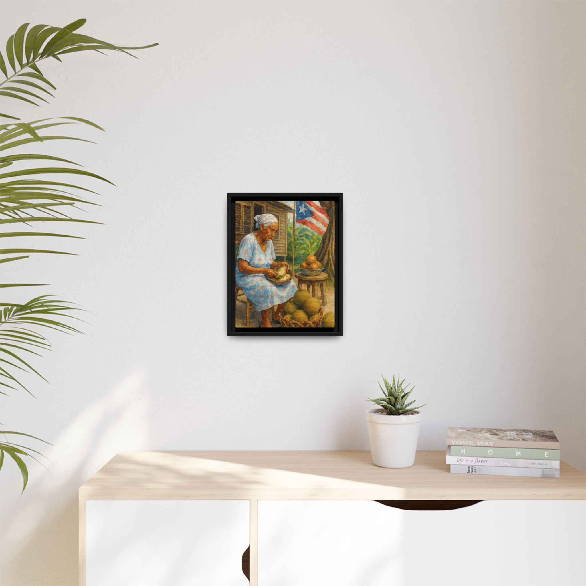 Cultural & Story-Driven These Puerto Rico inspired  Framed Matte Canvas Print  Woman Shelling Fruit Vintage Tropical Painting