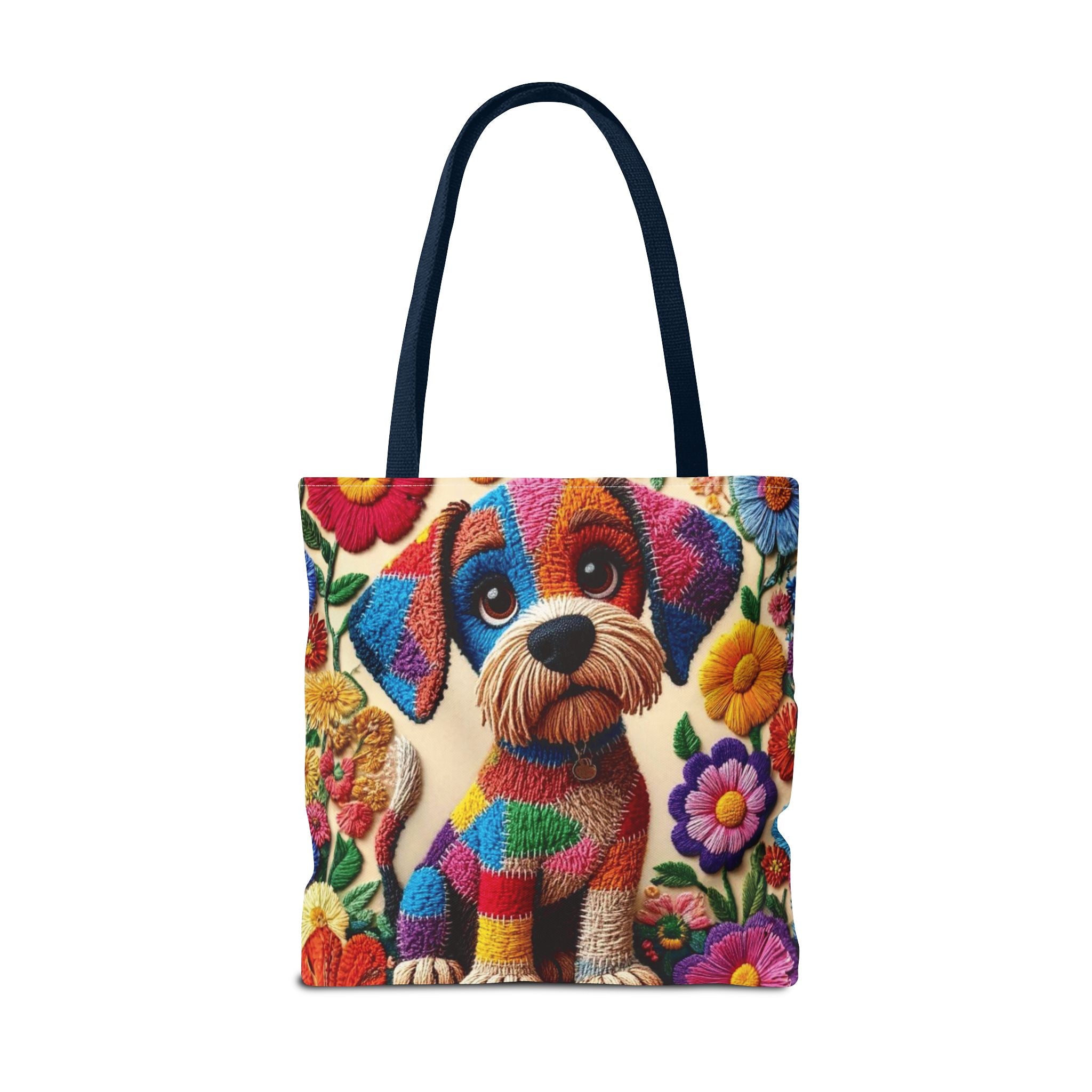 Colorful Patchwork Puppy Tote Bag — Cute Dog Floral AOP Shopper Crochet-Decorated Tote Bags