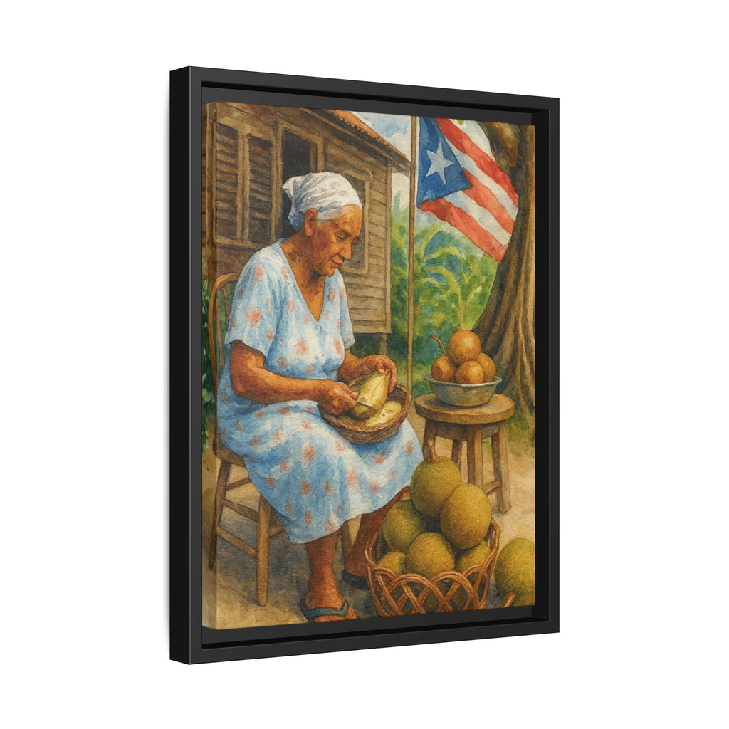 Cultural & Story-Driven These Puerto Rico inspired  Framed Matte Canvas Print  Woman Shelling Fruit Vintage Tropical Painting