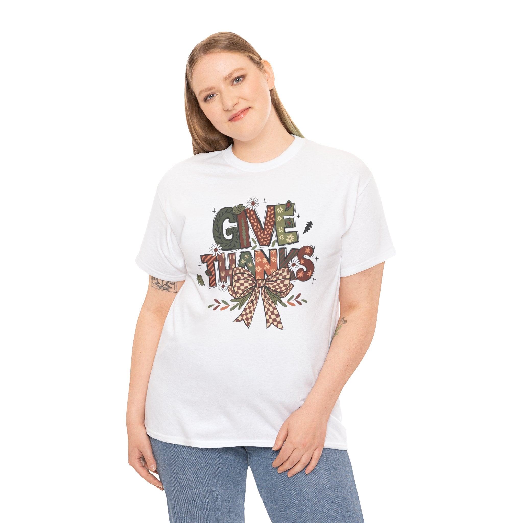 Give Thanks Tee Thanksgiving Graphic T-Shirt with Rustic Bow Design