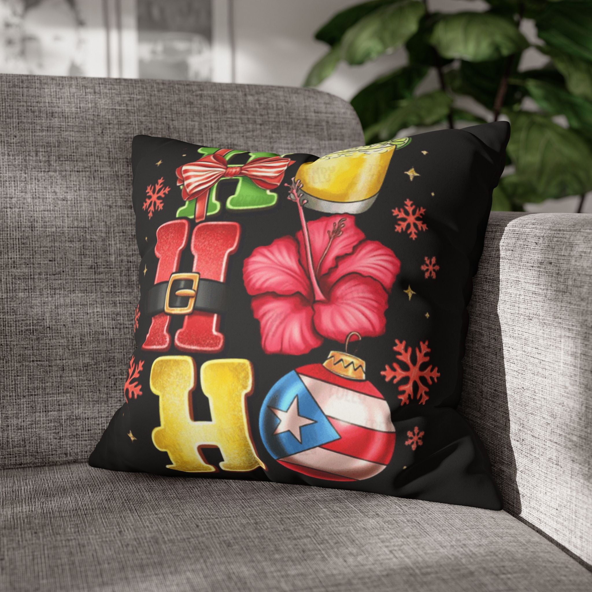 Holiday HOHO Pillow Cover  Puerto Rico Ornament, Hibiscus & Coquito Christmas Throw Pillowcase