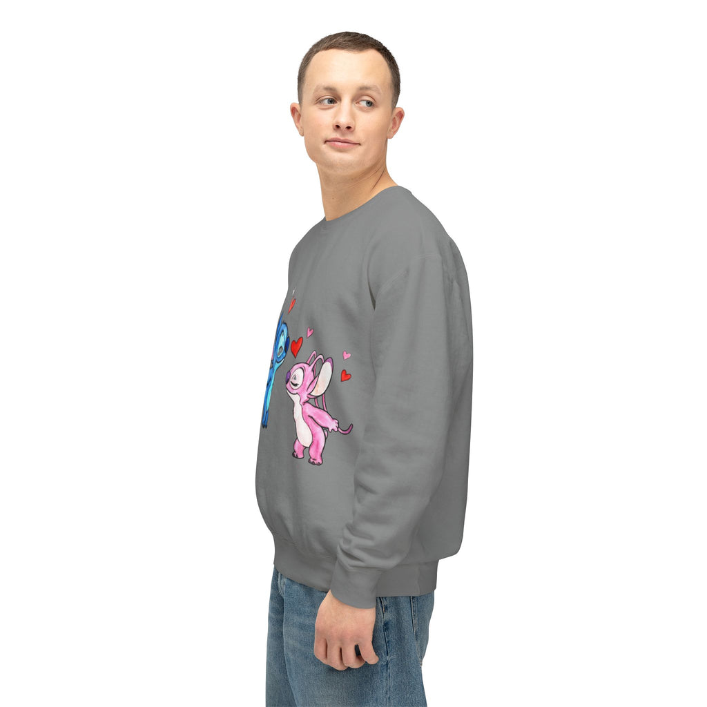 Cute Stitch Valentine Sweatshirt — Blue & Pink Love Characters with Hearts