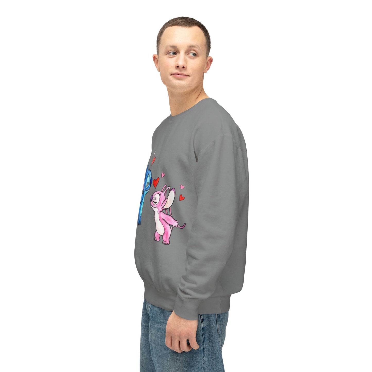 Cute Stitch Valentine Sweatshirt — Blue & Pink Love Characters with Hearts