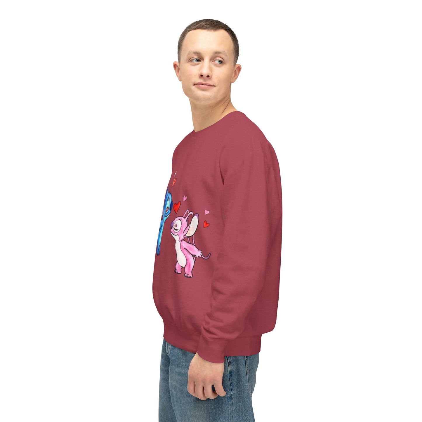 Cute Stitch Valentine Sweatshirt — Blue & Pink Love Characters with Hearts