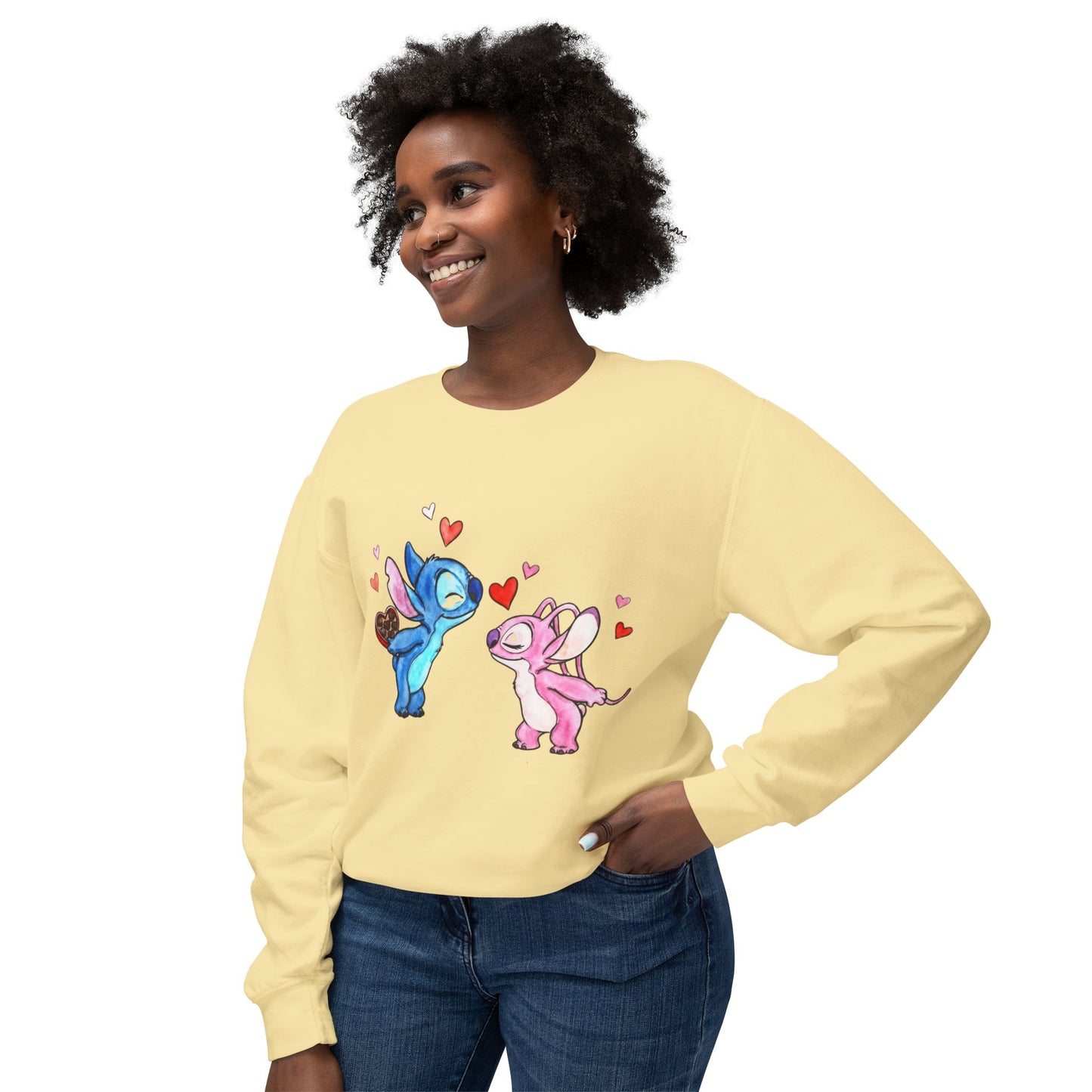Cute Stitch Valentine Sweatshirt — Blue & Pink Love Characters with Hearts