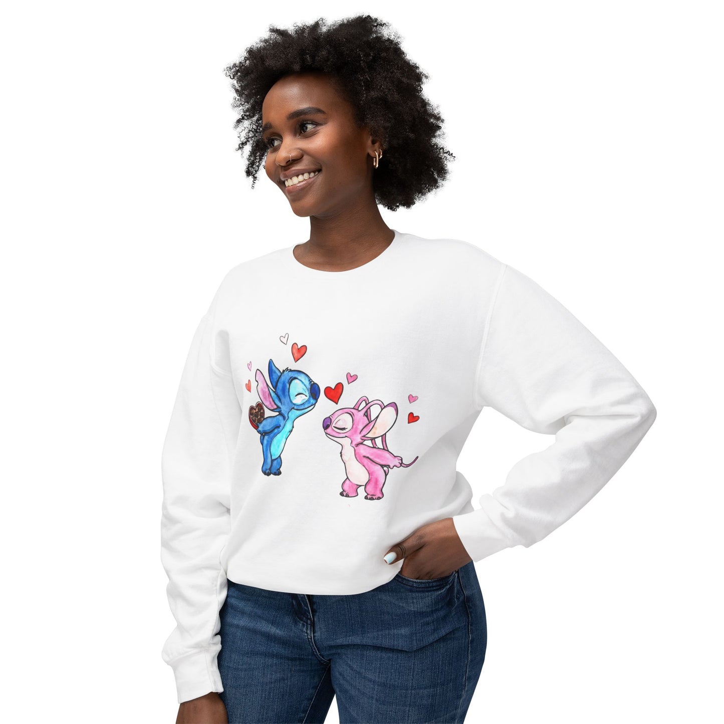 Cute Stitch Valentine Sweatshirt — Blue & Pink Love Characters with Hearts