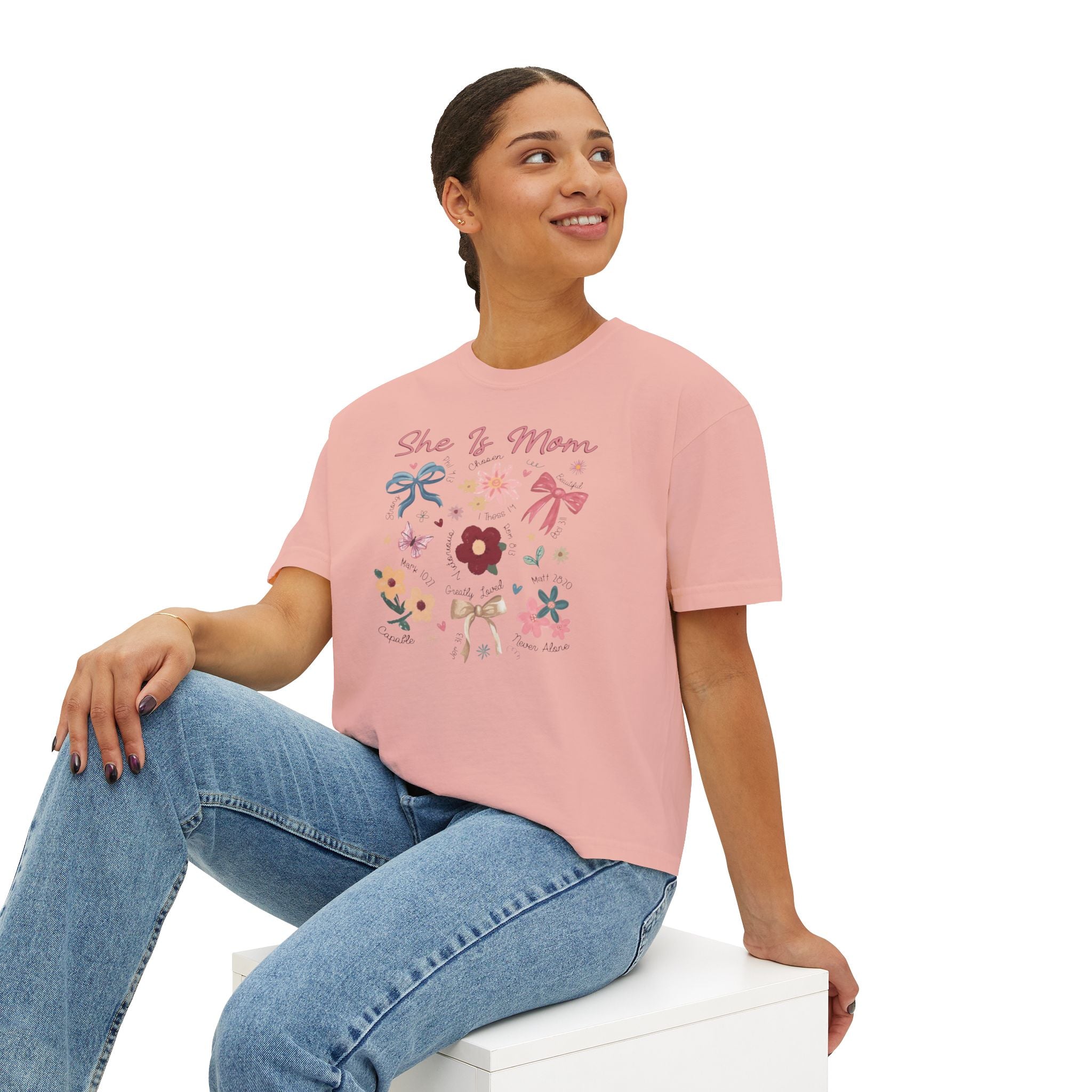 She Is Mom Floral Boxy Tee  Cute Mother’s Day Floral Graphic Shirt