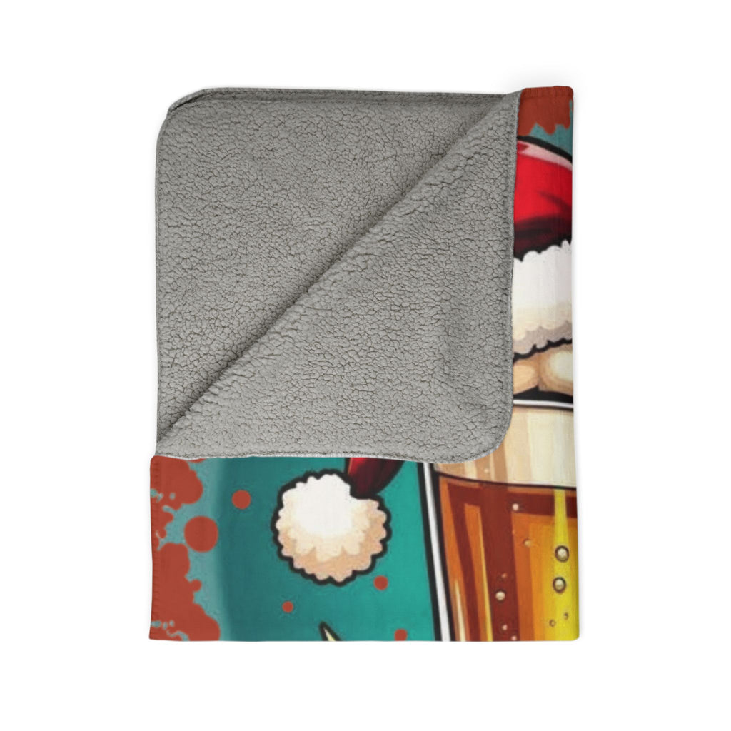 Christmas Beer Sherpa Blanket — Festive Mug with Santa Hat Holiday Throw
