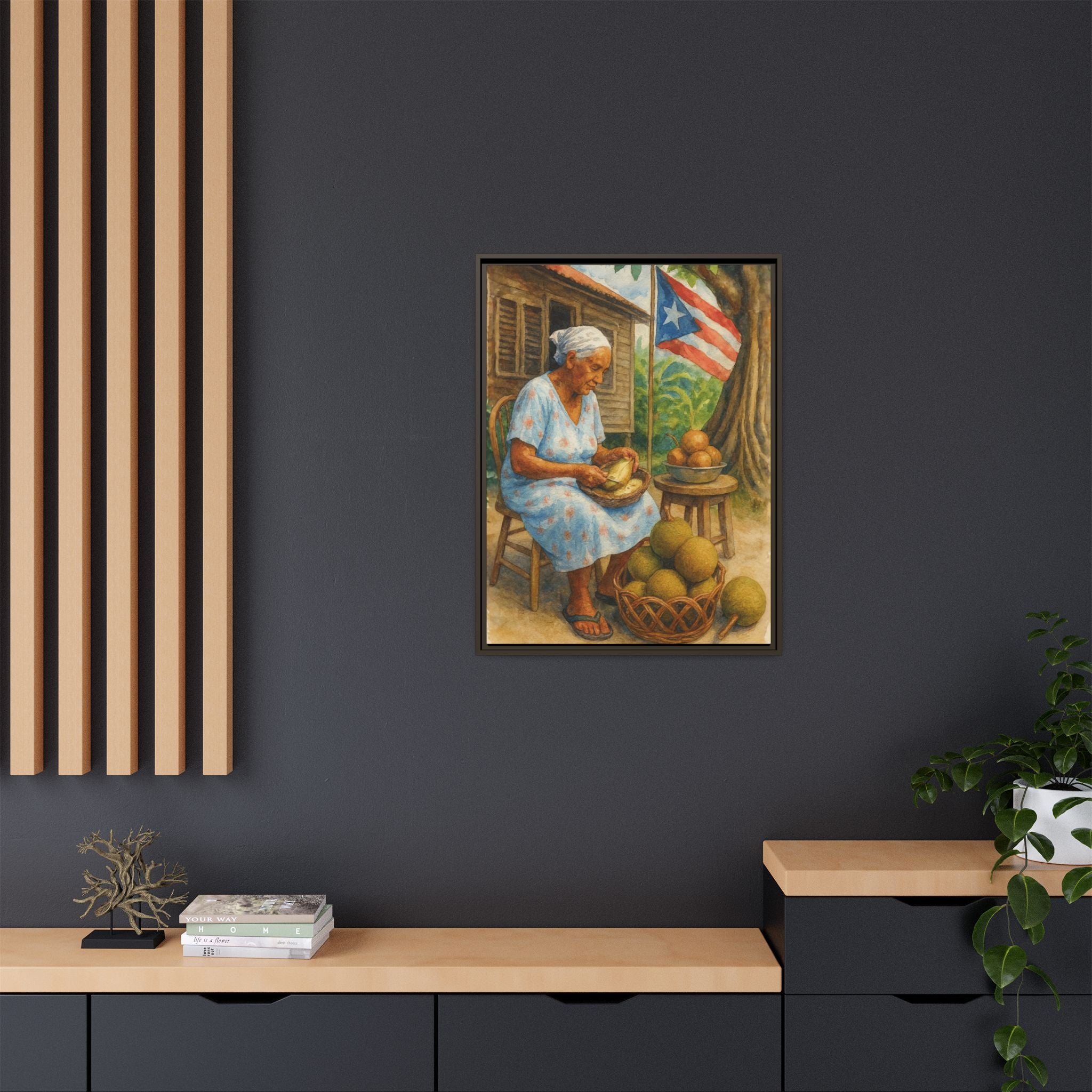 Cultural & Story-Driven These Puerto Rico inspired  Framed Matte Canvas Print  Woman Shelling Fruit Vintage Tropical Painting