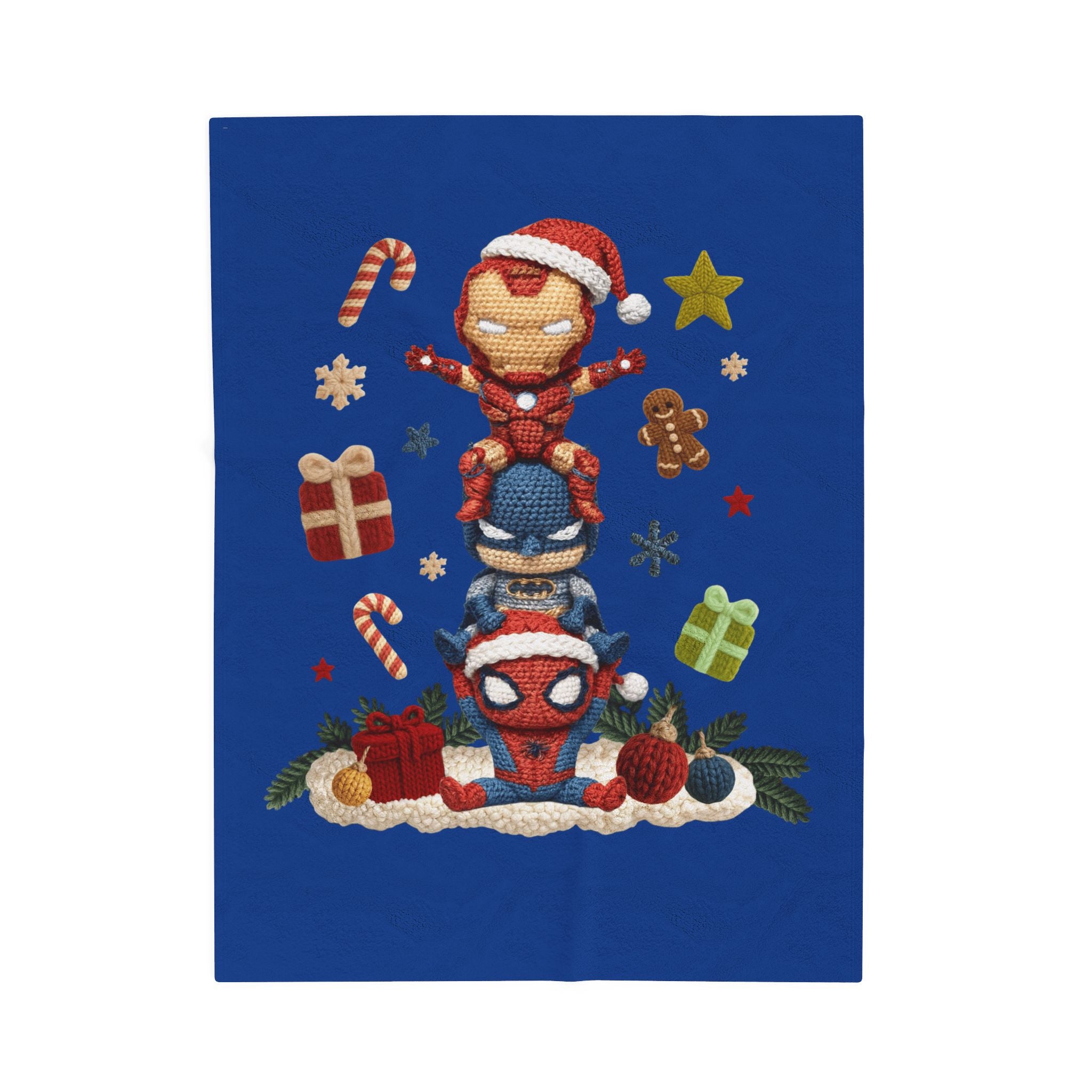 Plush Holiday Marvel Blanket — Cute Iron Man, Captain America & Spider-Man Stack with Christmas Gifts