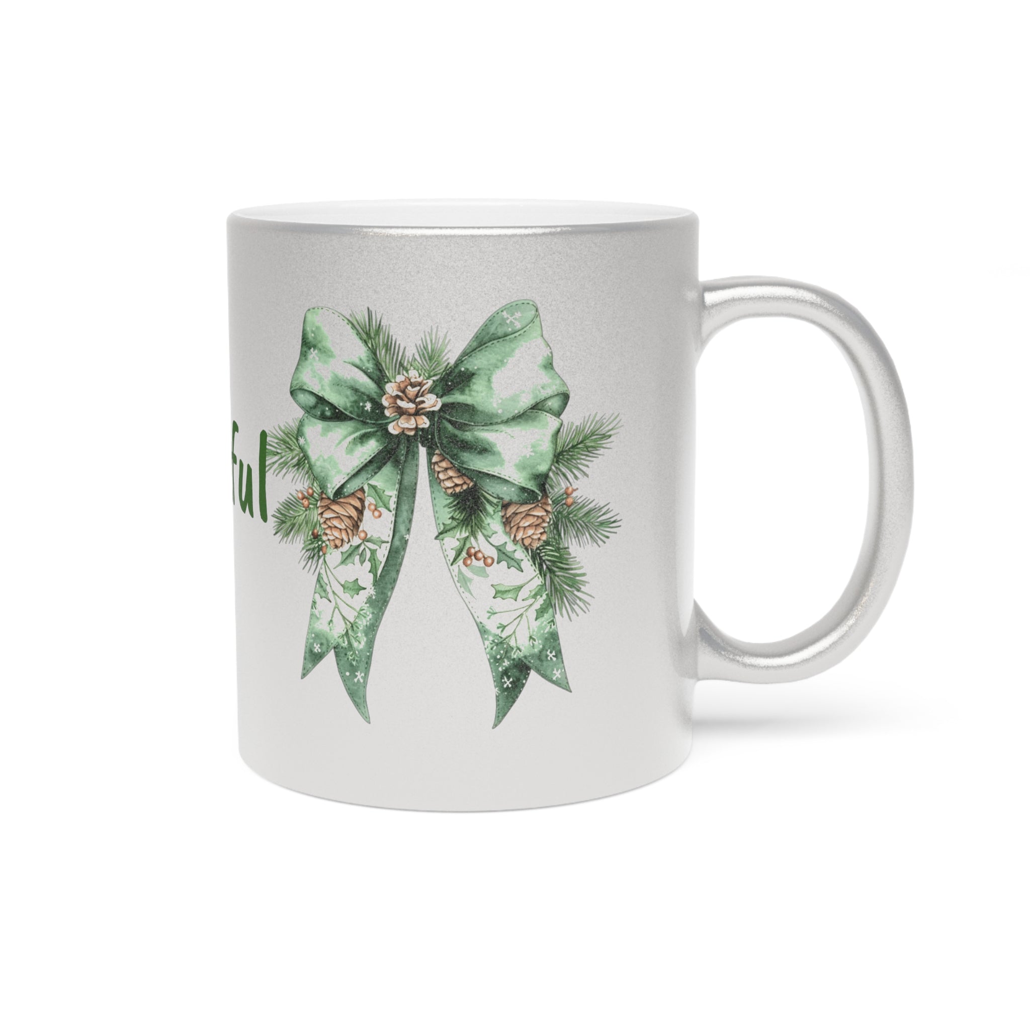Grateful Holiday Metallic Mug - Silver/Gold with Festive Bow Design