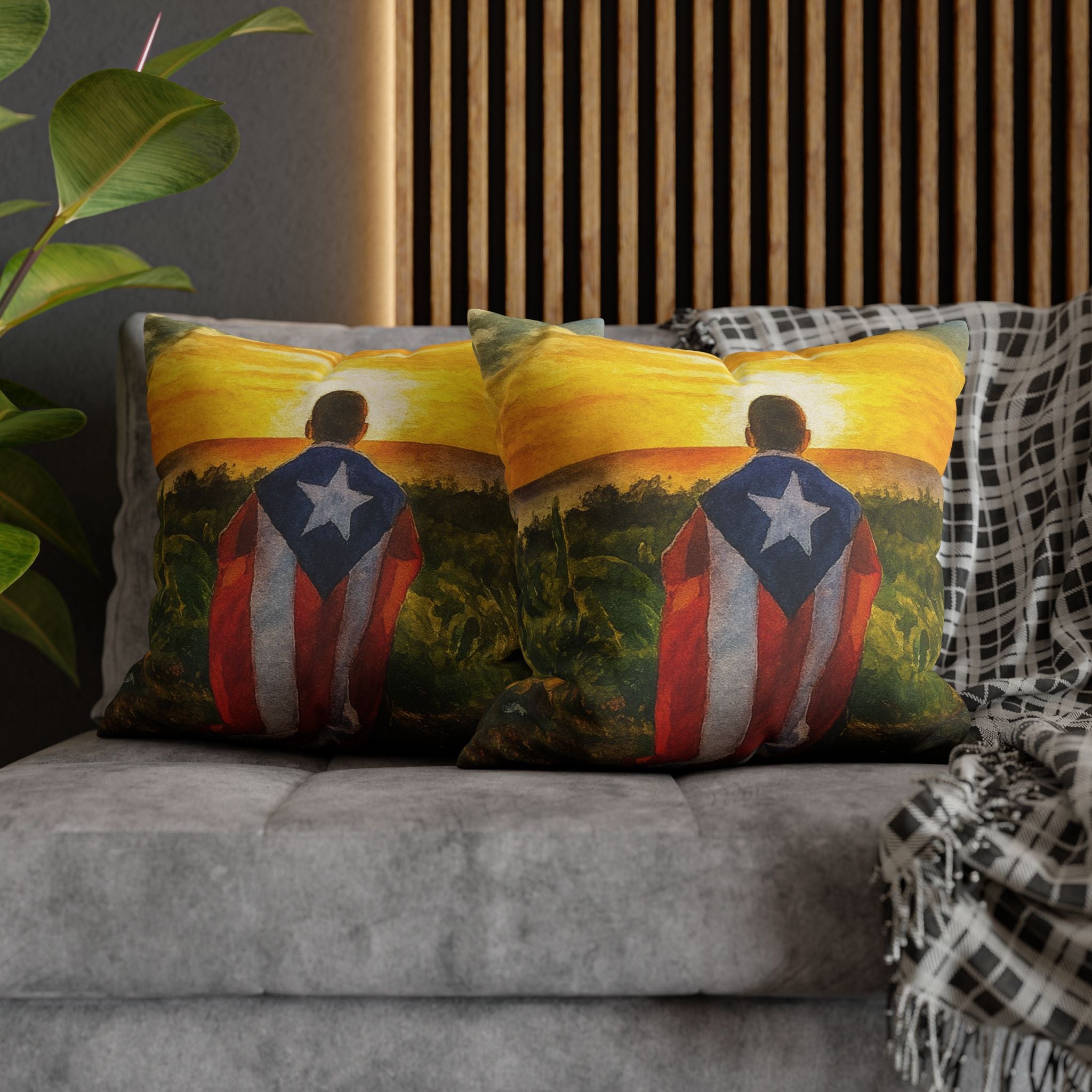 Puerto Rican Flag Sunset Pillowcase  Boy Draped in Puerto Rico Flag Decorative Throw Pillow Puerto Rico Culture Pillow