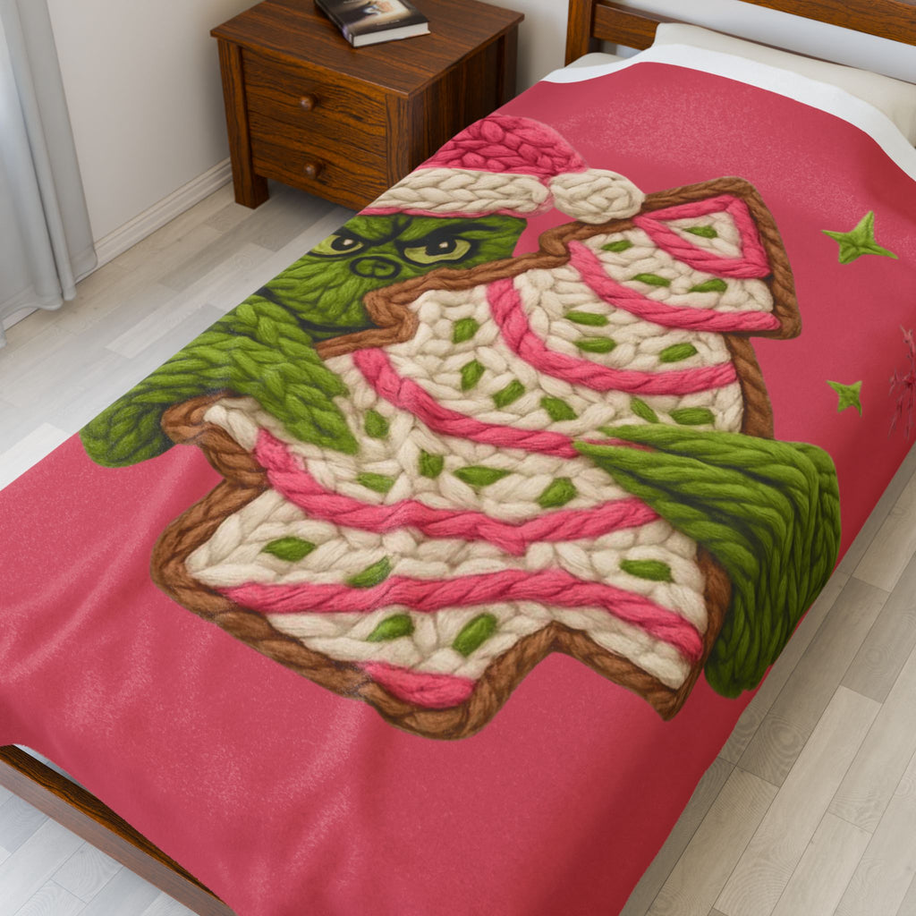 Grinch Holiday Plush Blanket – Cozy Velveteen Christmas Throw with Knitted Tree Design