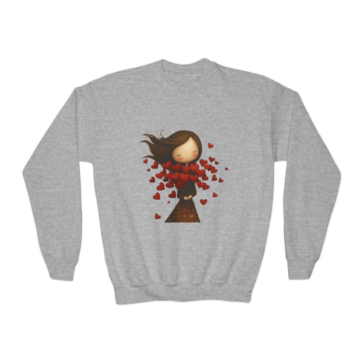 Youth Sweatshirt  Cute Girl with Heart Shower "Love Bug" Crewneck