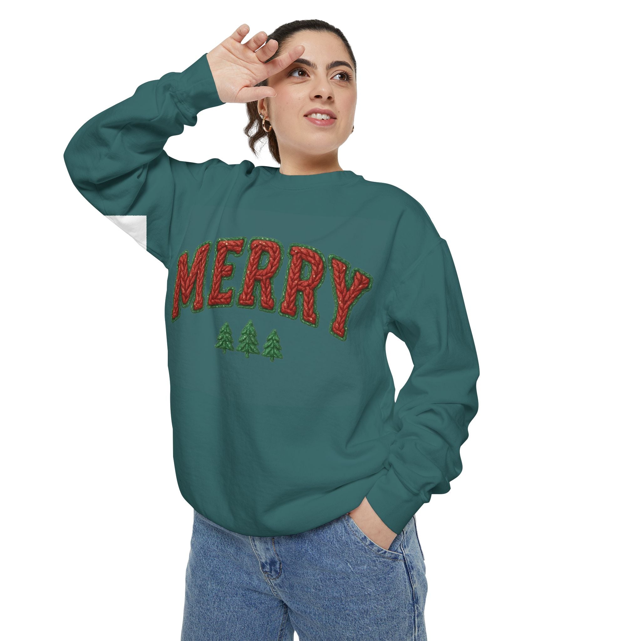 Merry Holiday Sweatshirt — Cozy Christmas Pullover with Tree Graphics Festive Holiday Designs