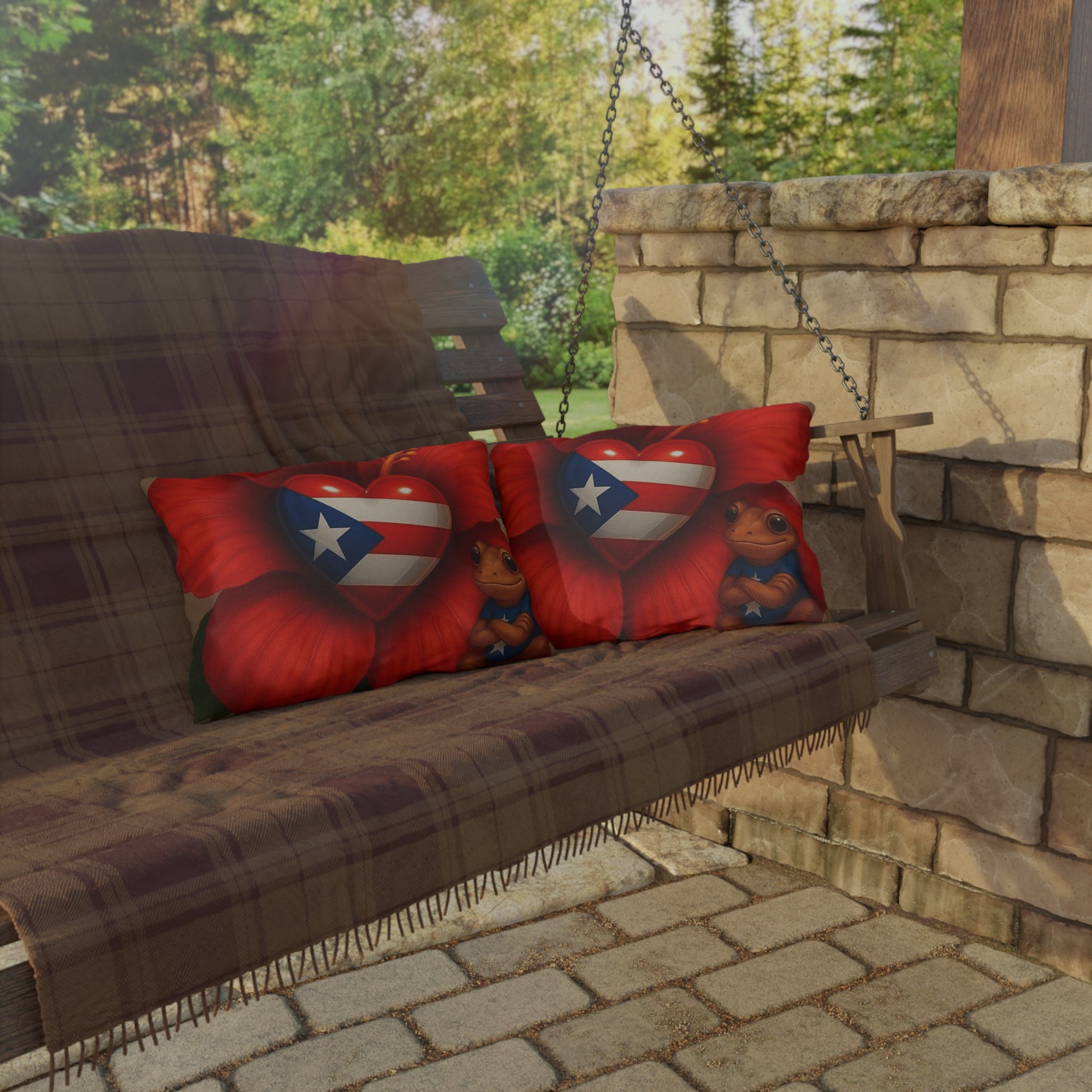 Puerto Rico Heart Flag Outdoor Pillow — Coquí & Hibiscus Patio Cushion Puerto Rico Culture Pillow