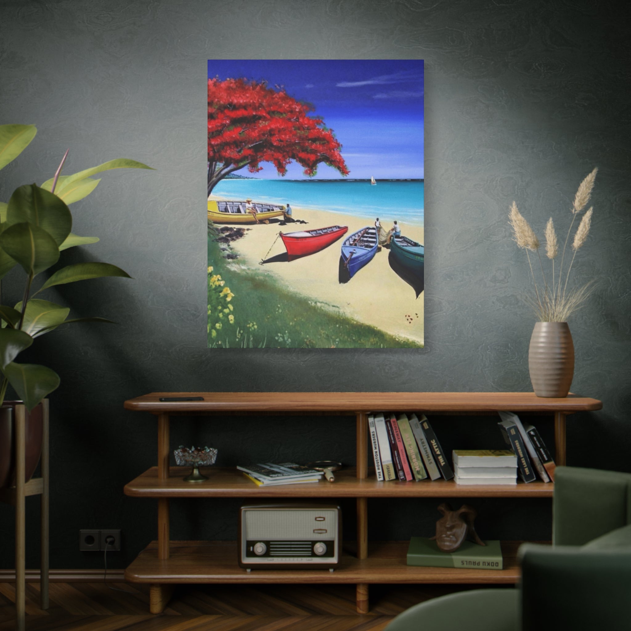 Beach Canoes Canvas Wall Art Tropical Seaside Landscape Matte Stretched Canvas