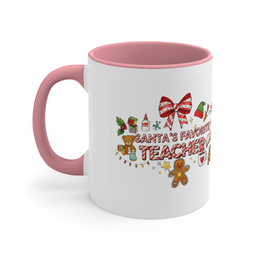 A festive Christmas mug for teachers who inspire hearts and minds all year long.  “Santa’s Favorite Teacher” 11oz Accent Coffee Cup