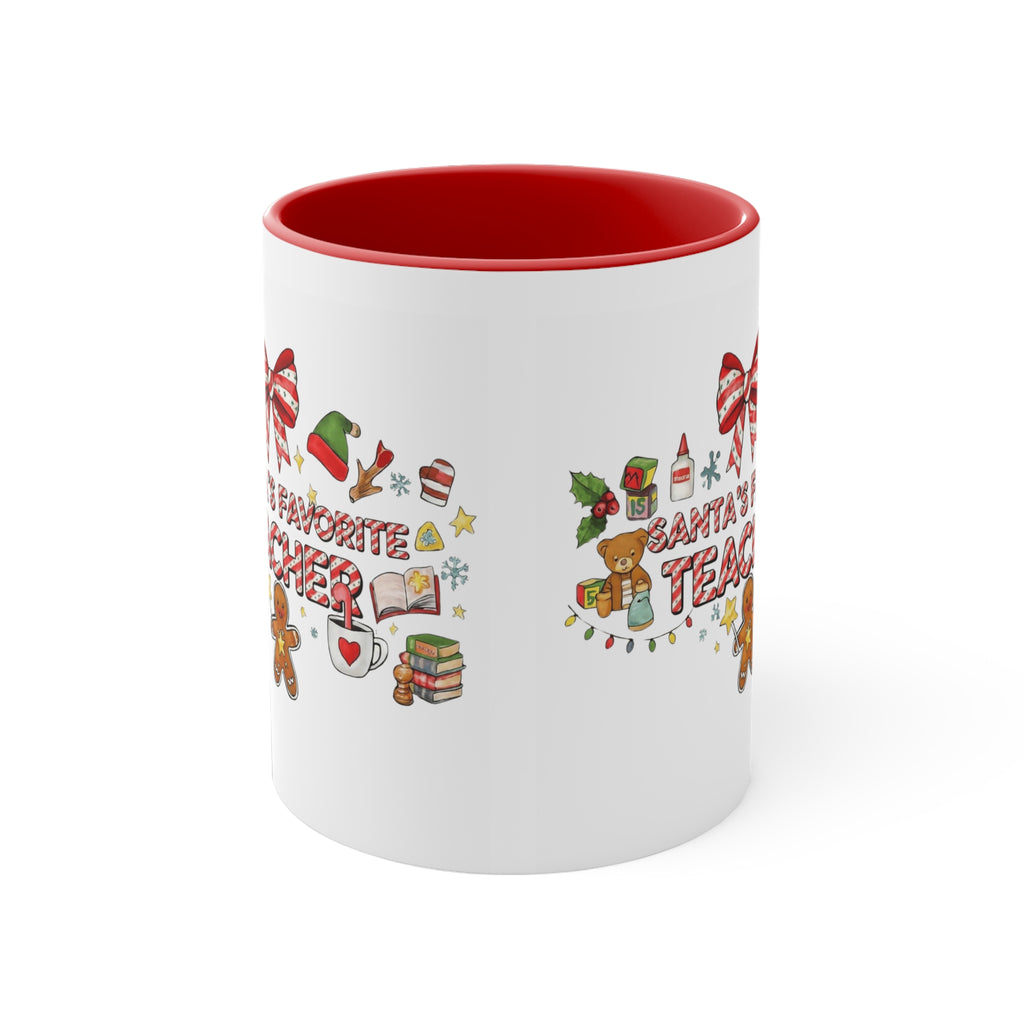 A festive Christmas mug for teachers who inspire hearts and minds all year long.  “Santa’s Favorite Teacher” 11oz Accent Coffee Cup