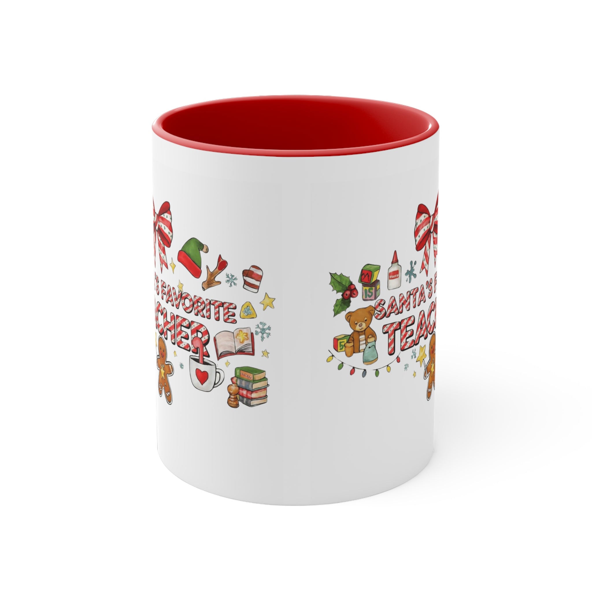 A festive Christmas mug for teachers who inspire hearts and minds all year long.  “Santa’s Favorite Teacher” 11oz Accent Coffee Cup