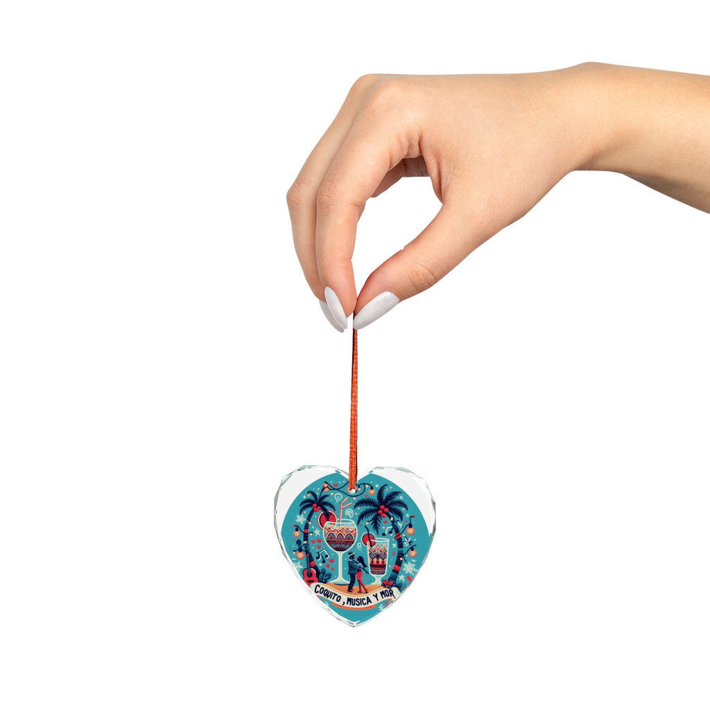 Puerto Rico Glass Ornaments Crystal Ornament "Coquito, Musica y Amor" Holiday Heart Decoration