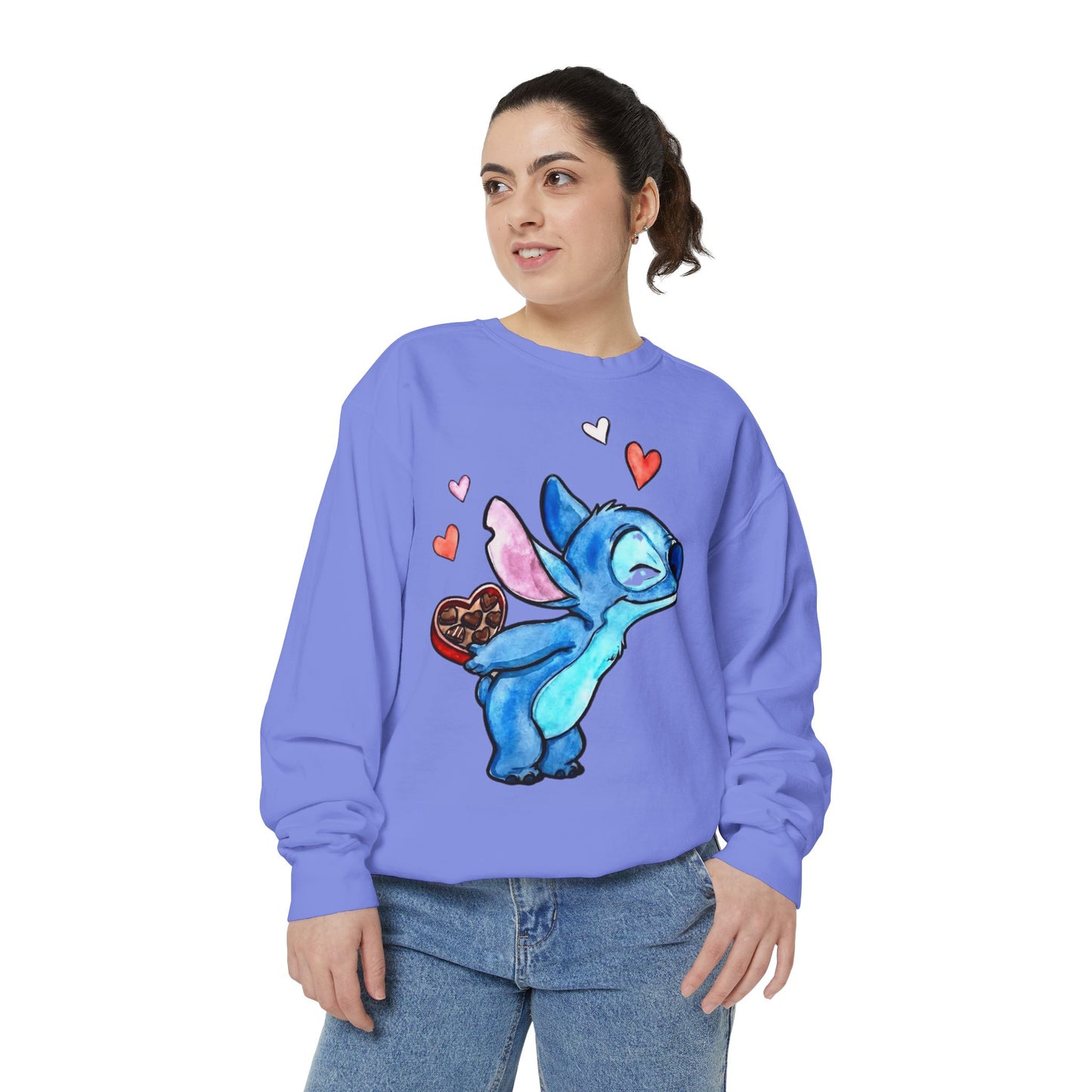 Stitch Valentine Sweatshirt — Cute Blue Alien with Hearts & Chocolate Pocket