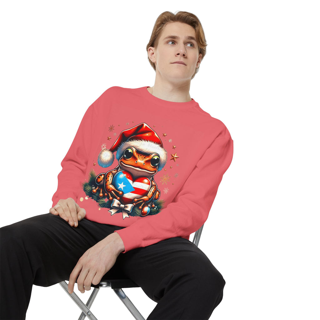 Christmas Coqui Sweatshirt — Cute Santa Frog Holding Ornament Holiday Sweater