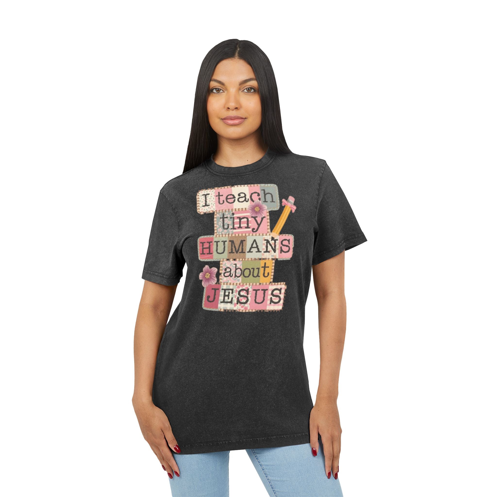 Christian Teacher Acid-Wash Tee  "I Teach Tiny Humans About Jesus"