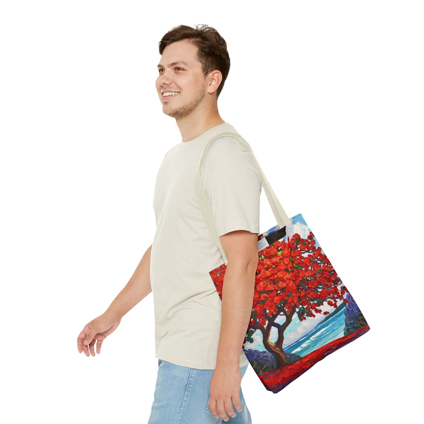 Red Blossom Beach Tote - Tropical Tree Art All-Over Print Tote Bag Crochet-Decorated Tote Bags