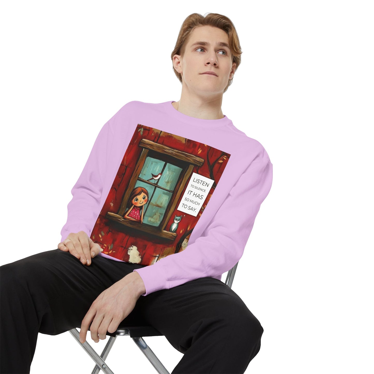 Cozy Window Scene Sweatshirt  "Listen, It Has So Much to Say" Graphic