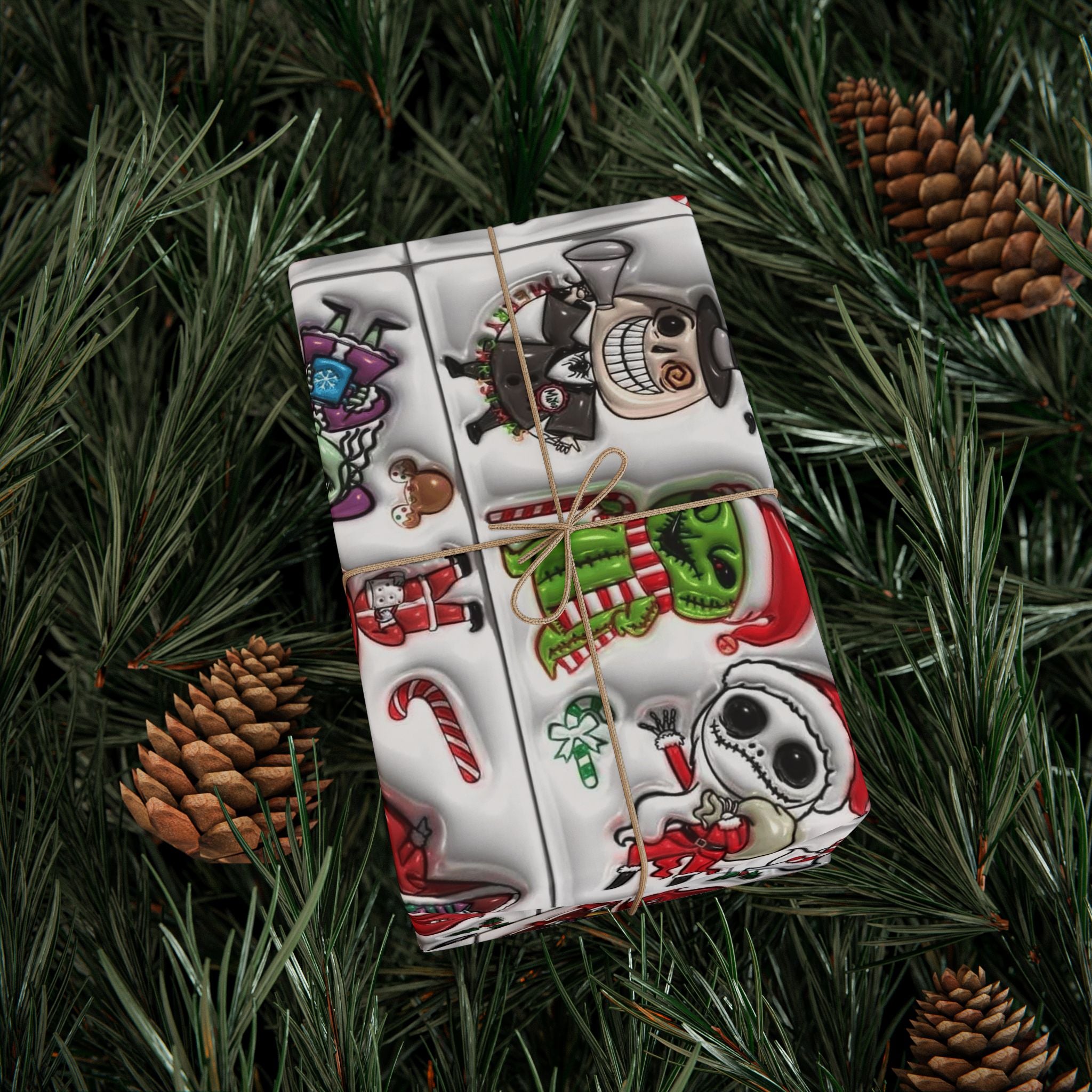 Christmas Character Wrapping Paper Roll — Cute Festive Santa & Skeleton Gift Wrap Whimsical Holiday Gift Wrap