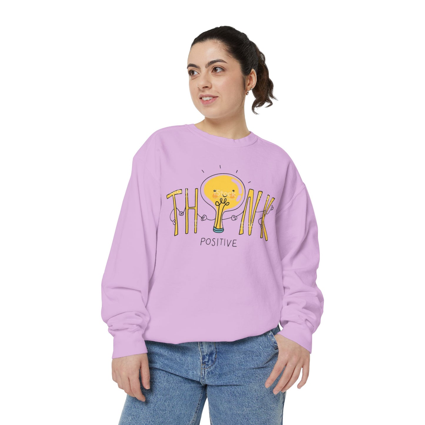 Think Positive Sweatshirt  Cute Lightbulb Graphic Positive Vibes Crewneck