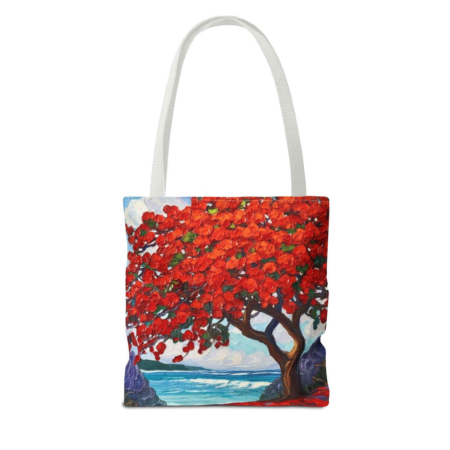 Red Blossom Beach Tote - Tropical Tree Art All-Over Print Tote Bag Crochet-Decorated Tote Bags