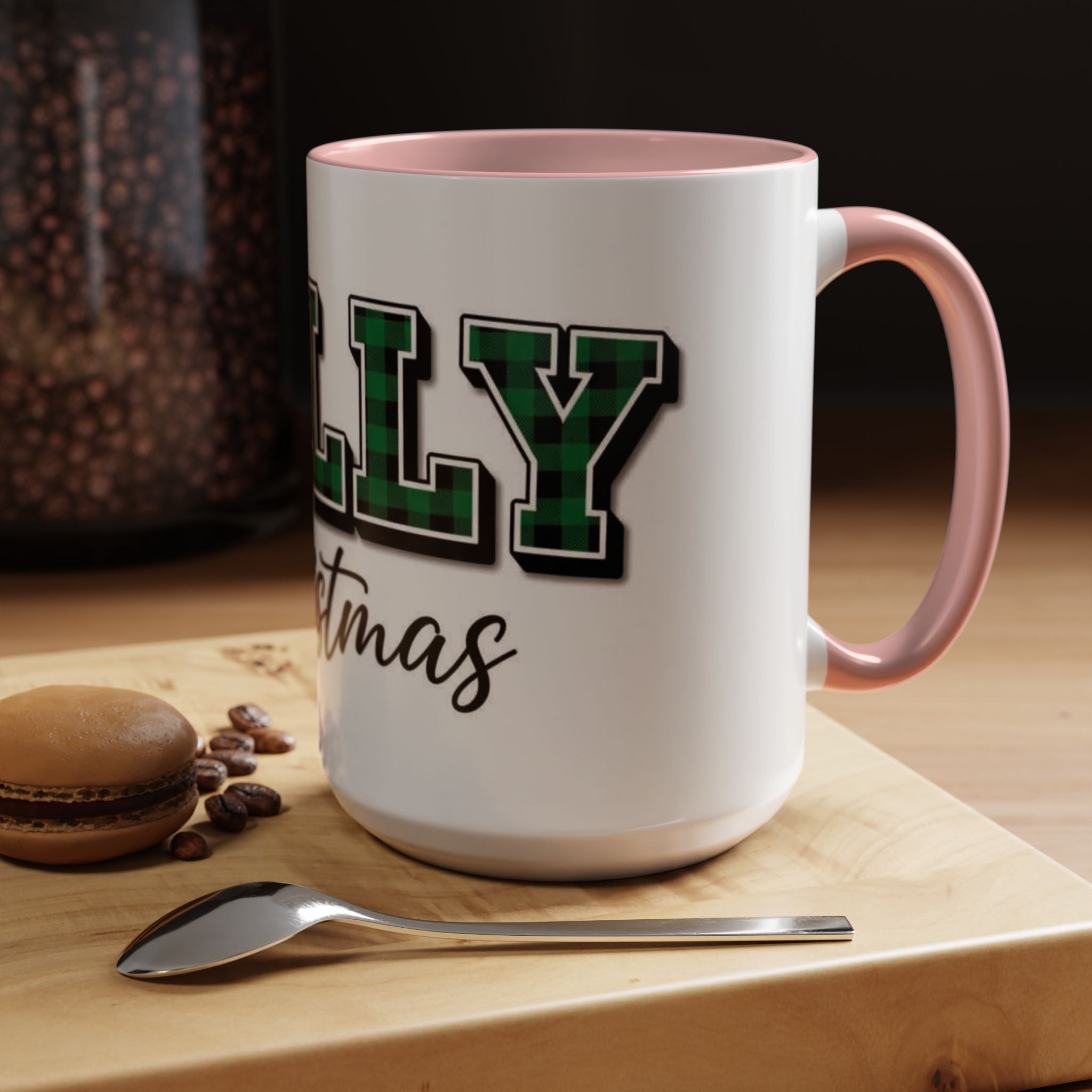 Holly Christmas Accent Coffee Mug — Green Plaid Holiday Gift (11/15oz)