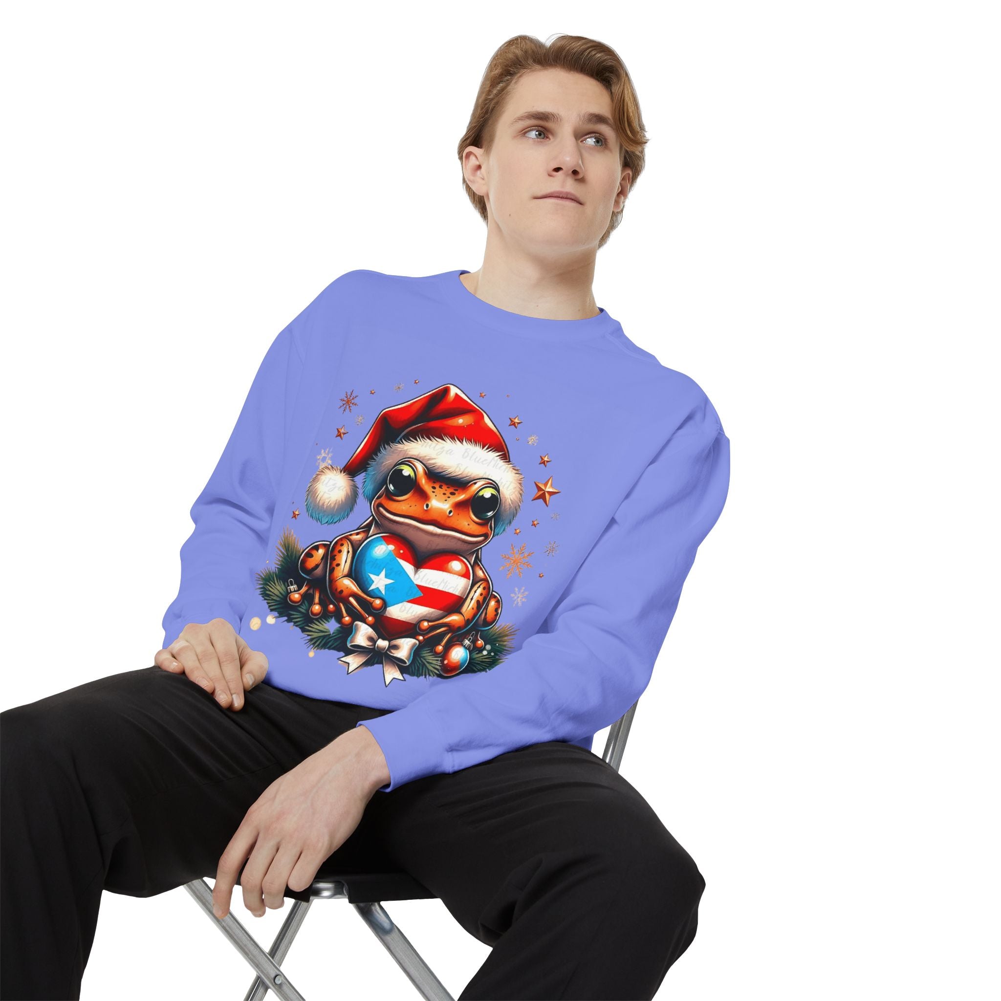 Christmas Coqui Sweatshirt — Cute Santa Frog Holding Ornament Holiday Sweater