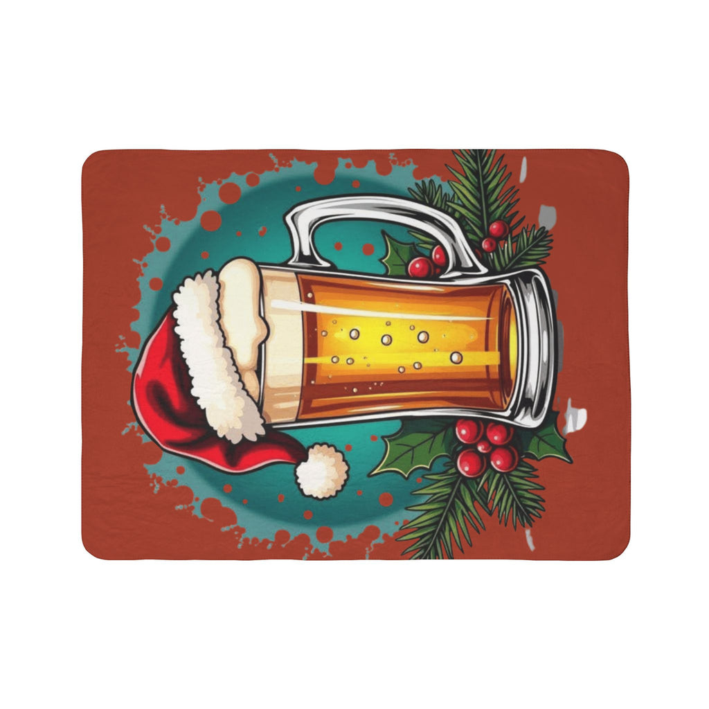 Christmas Beer Sherpa Blanket — Festive Mug with Santa Hat Holiday Throw
