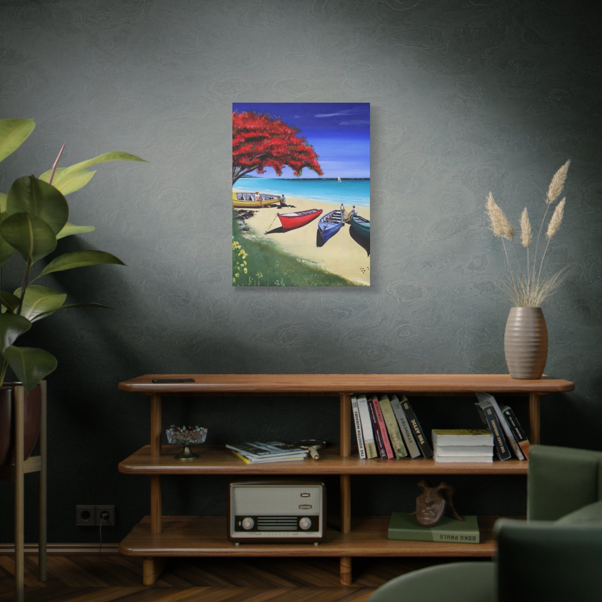 Beach Canoes Canvas Wall Art Tropical Seaside Landscape Matte Stretched Canvas