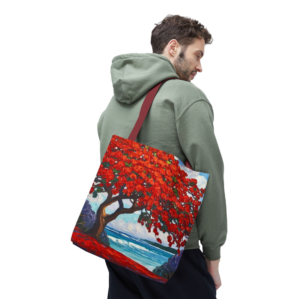 Red Blossom Beach Tote - Tropical Tree Art All-Over Print Tote Bag Crochet-Decorated Tote Bags