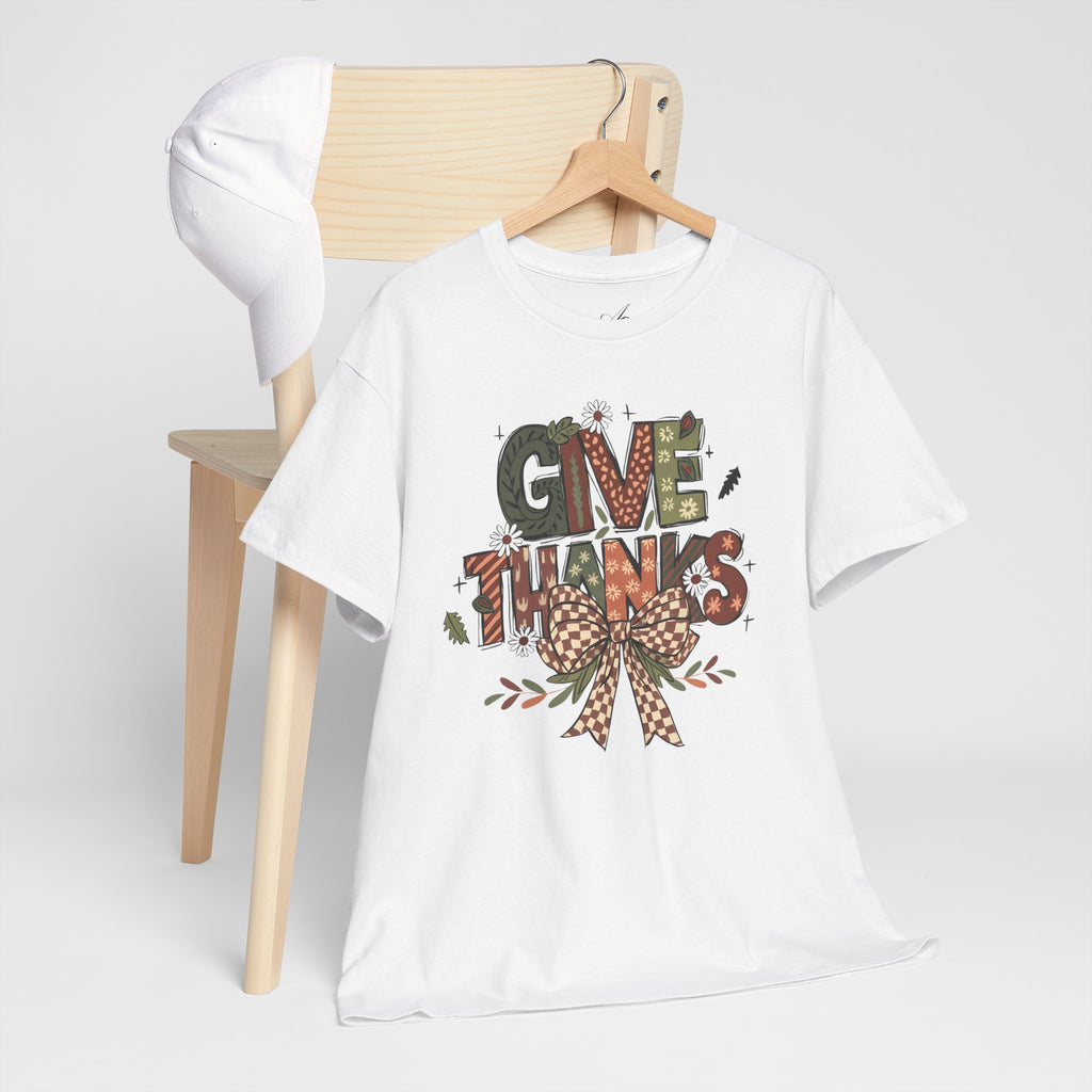 Give Thanks Tee Thanksgiving Graphic T-Shirt with Rustic Bow Design