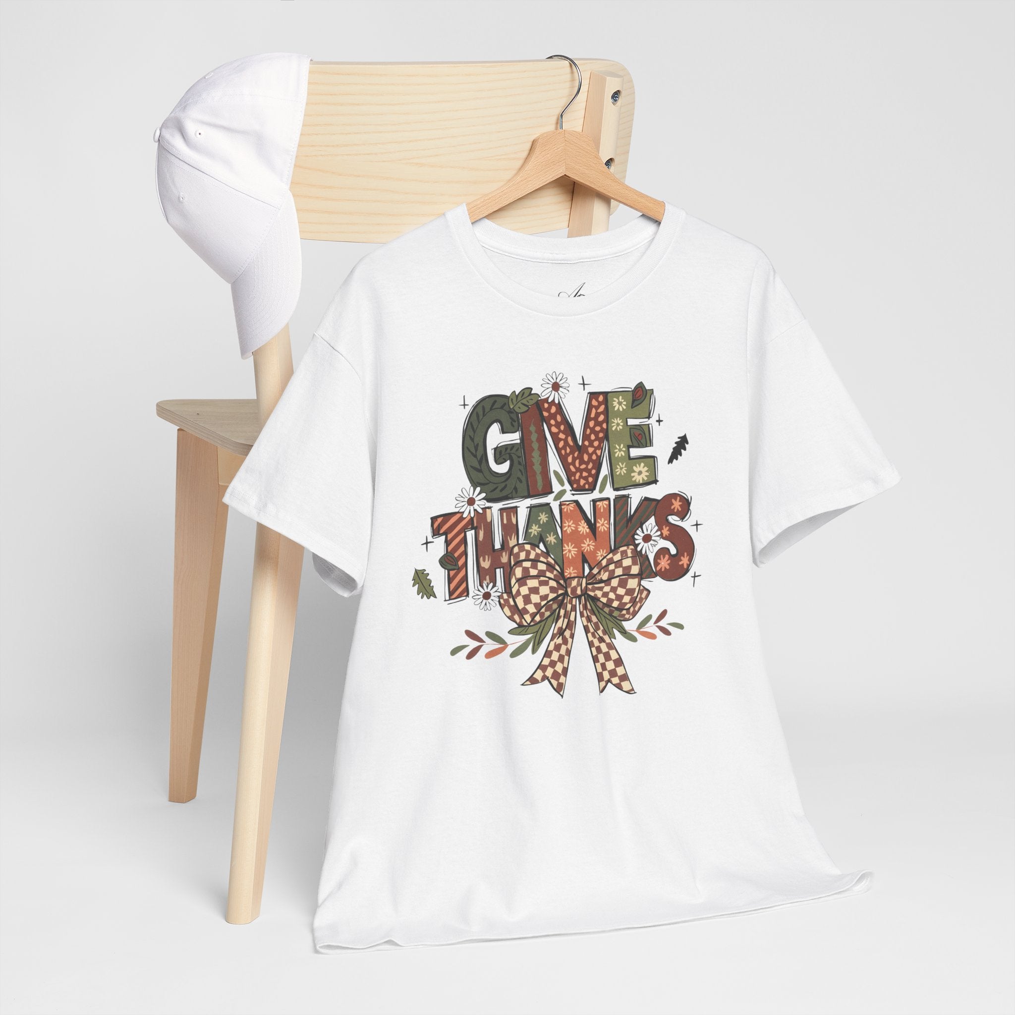 Give Thanks Tee Thanksgiving Graphic T-Shirt with Rustic Bow Design
