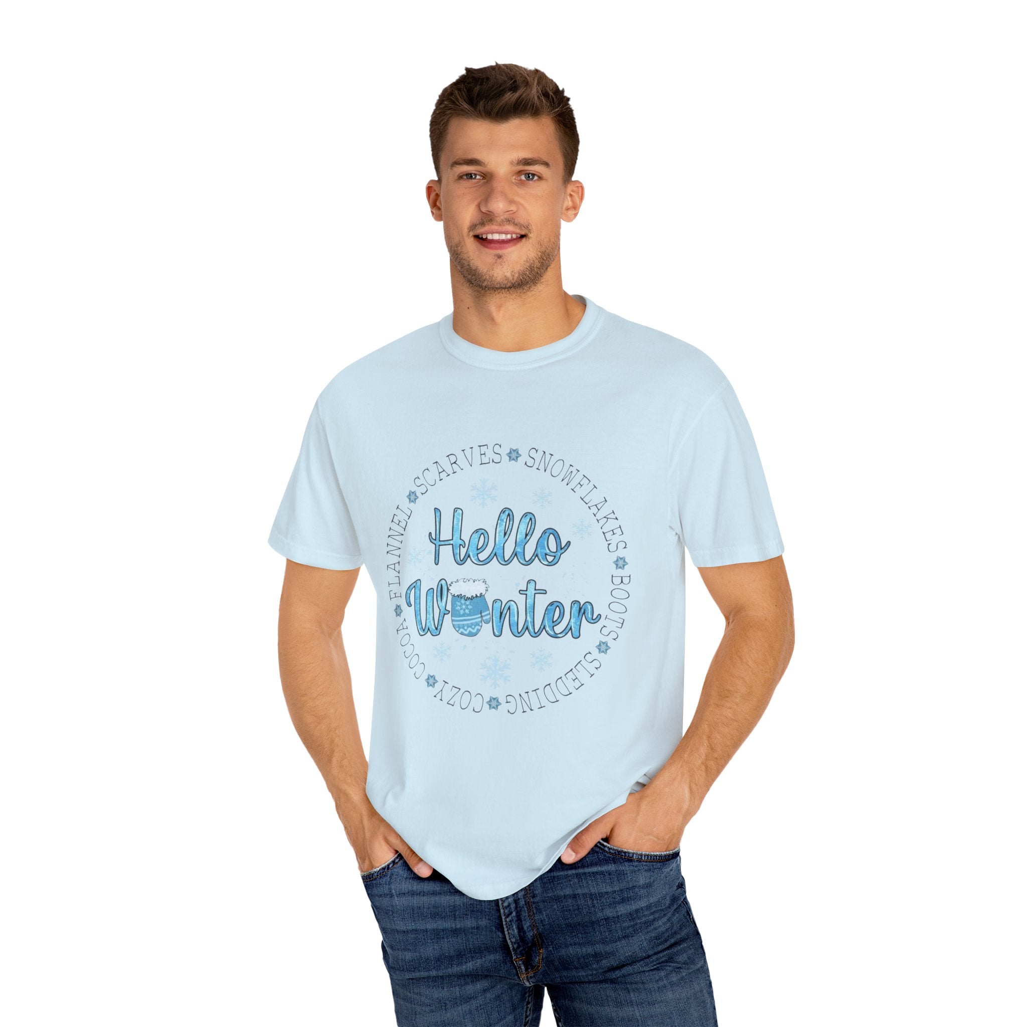 Hello Winter T‑Shirt  Cozy Snowflake Holiday Tee Christmas T-Shirts and Sweatshirts Collection