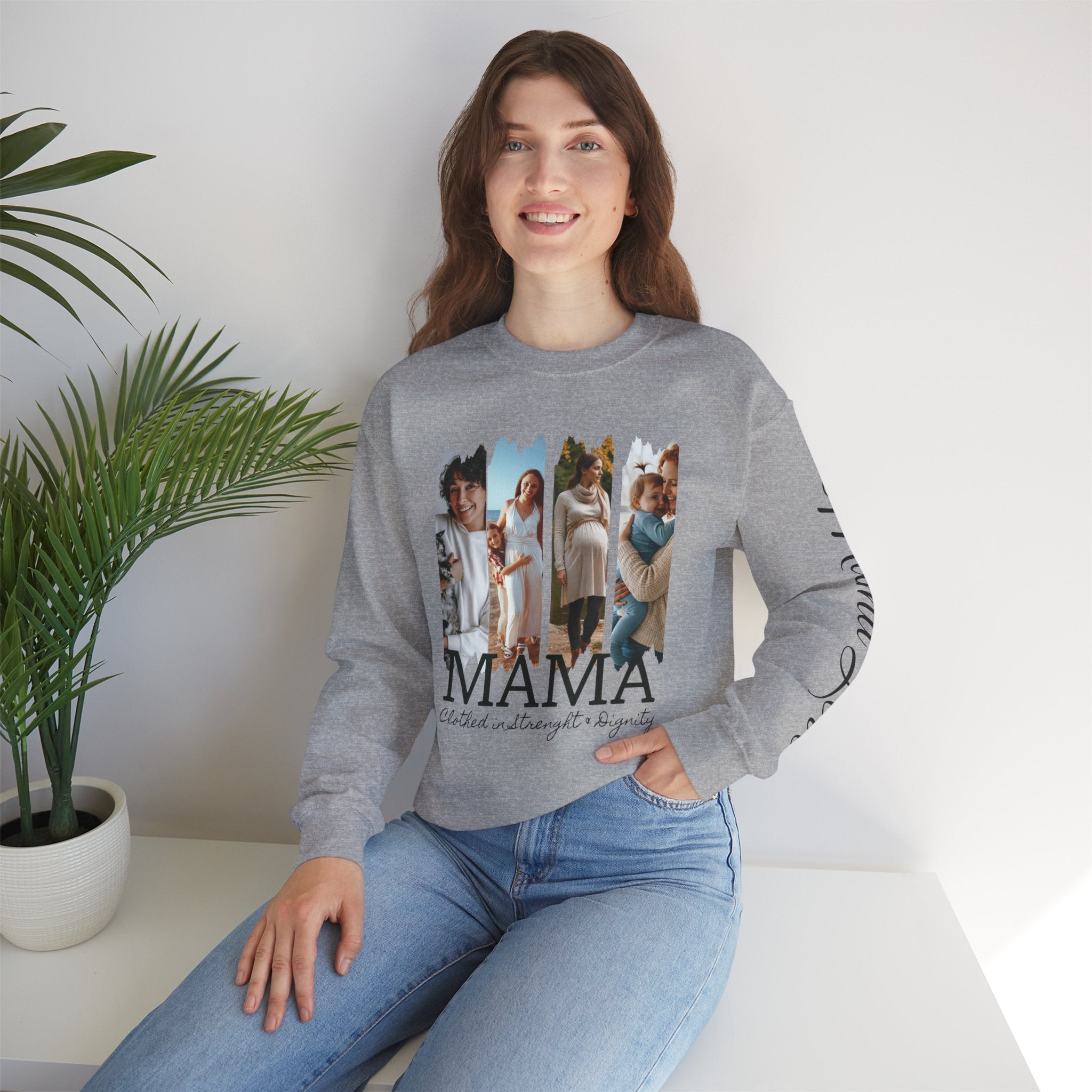 Mama Photo Collage Sweatshirt — "MAMA: clothed in strength & dignity" Sleeve Script