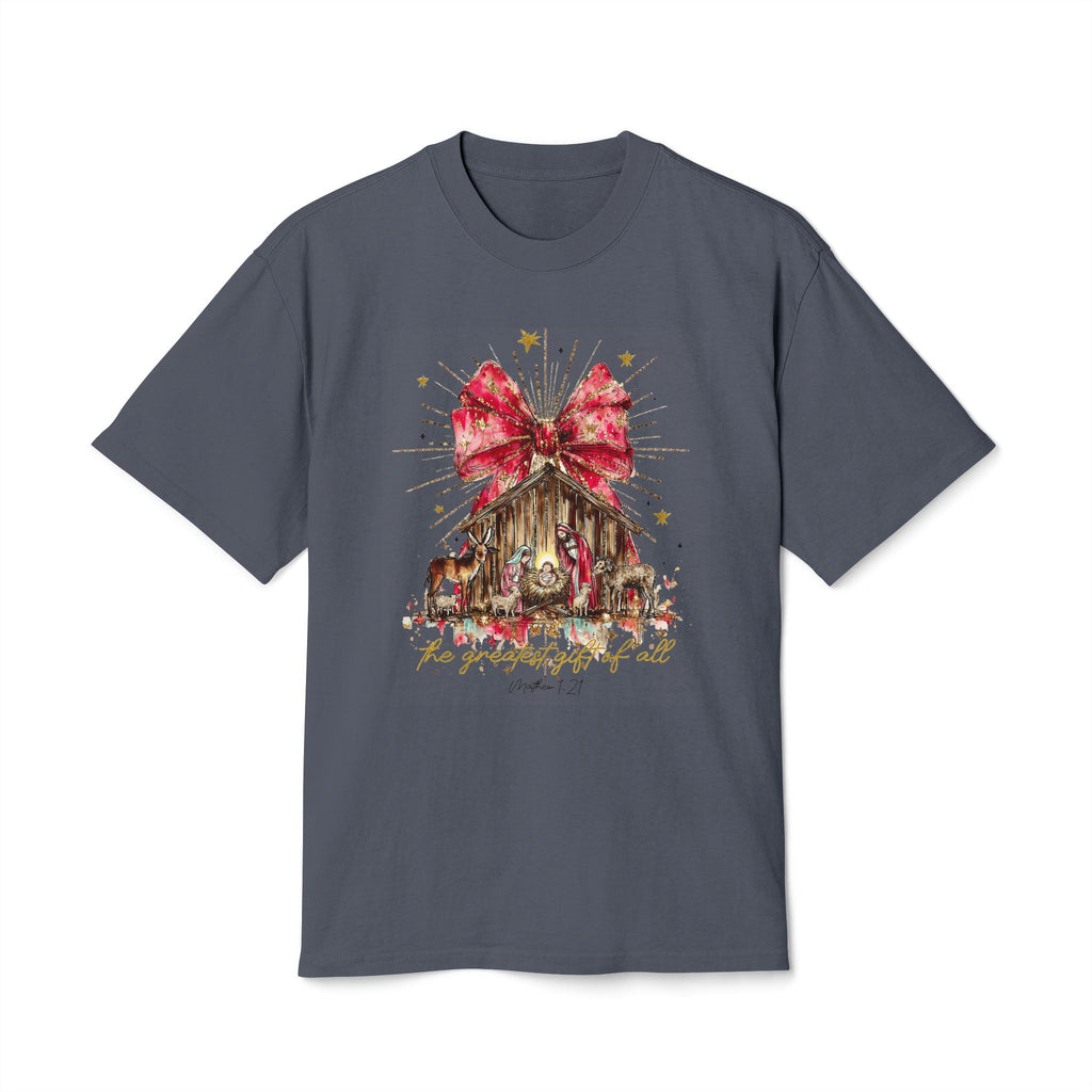 Christmas Nativity Tee  Rustic Manger with Red Bow Holiday T‑Shirt Christmas T-shirts and sweaters