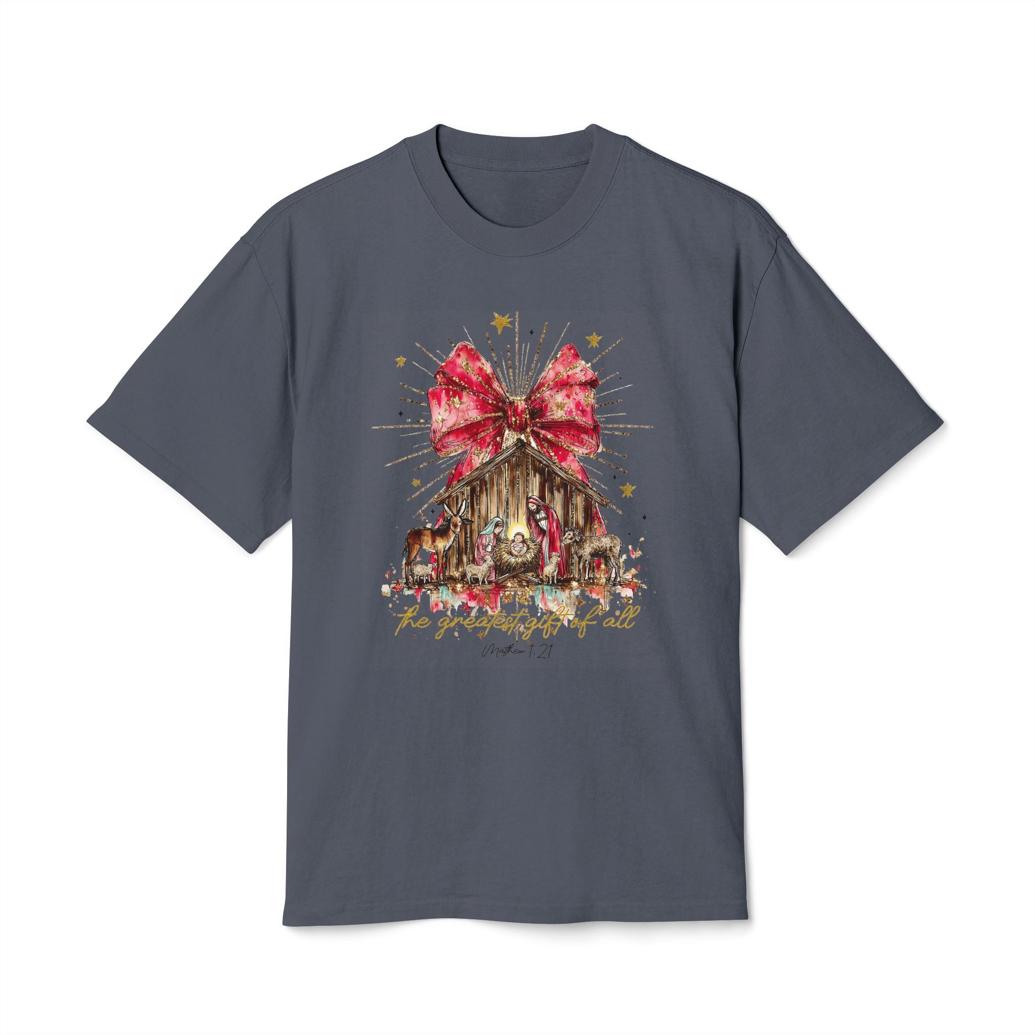 Christmas Nativity Tee  Rustic Manger with Red Bow Holiday T‑Shirt Christmas T-shirts and sweaters