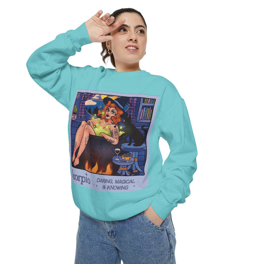 Halloween Sweater Scorpio Sweatshirt | Garment-Dyed Cozy Top, Astrology Gift, Zodiac Apparel, Witchy Fashion, Fall Wardrobe Essential