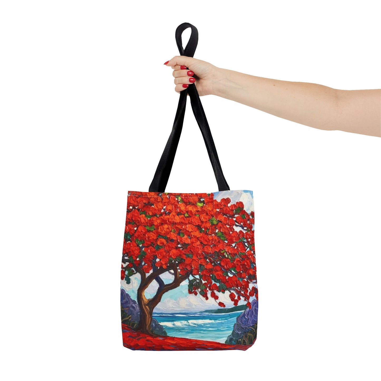 Red Blossom Beach Tote - Tropical Tree Art All-Over Print Tote Bag Crochet-Decorated Tote Bags