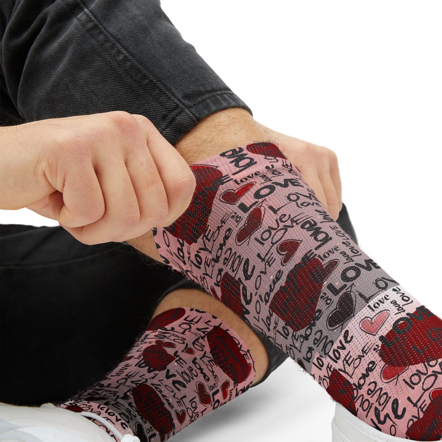 Valentine Heart Sublimation Socks – I Love You Pattern, Red Rose & Script Crew Socks