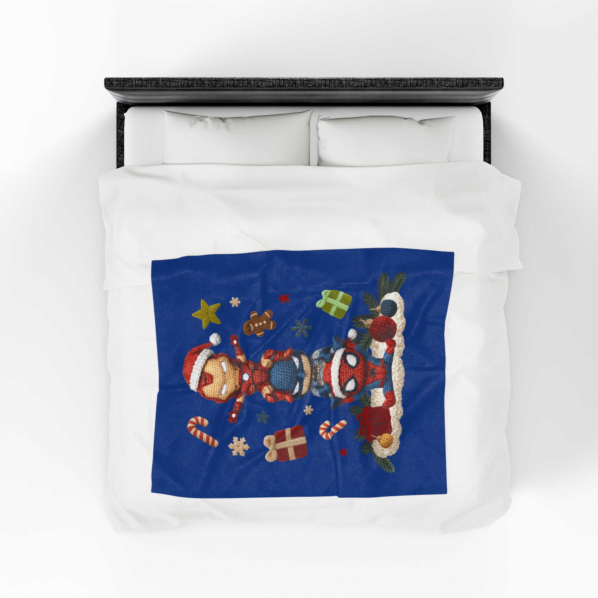 Plush Holiday Marvel Blanket — Cute Iron Man, Captain America & Spider-Man Stack with Christmas Gifts