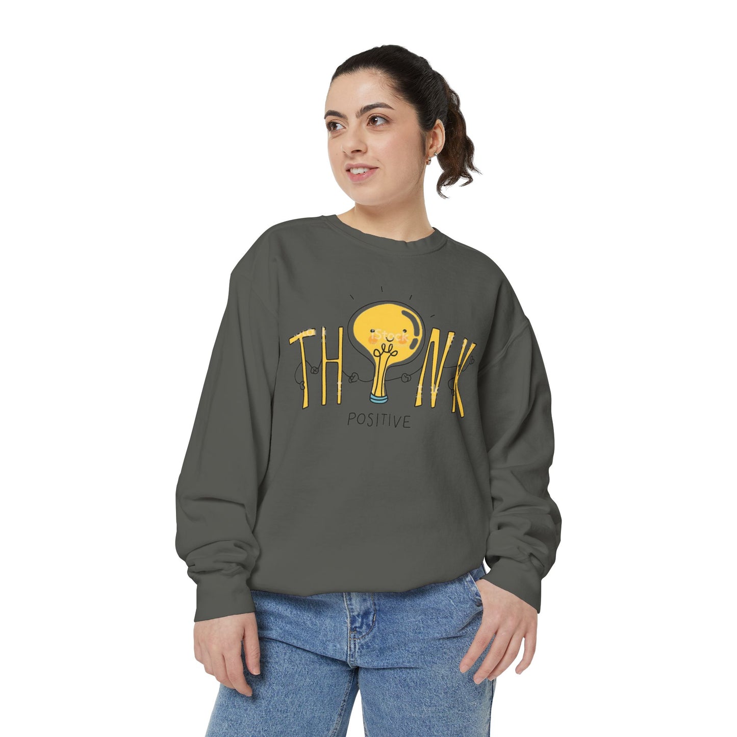 Think Positive Sweatshirt  Cute Lightbulb Graphic Positive Vibes Crewneck